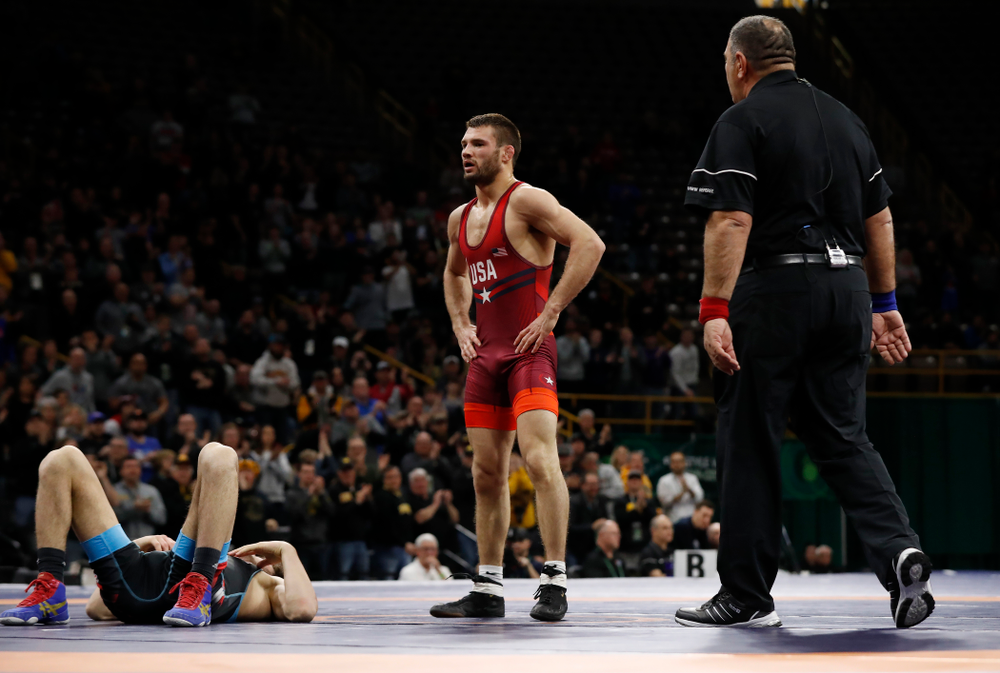 Thomas Gilman during session three of the United World Wrestling Freestyle World Cup Sunday, April 8, 2018 at Caver-Hawkeye Arena. (Brian Ray/hawkeyesports.com)
