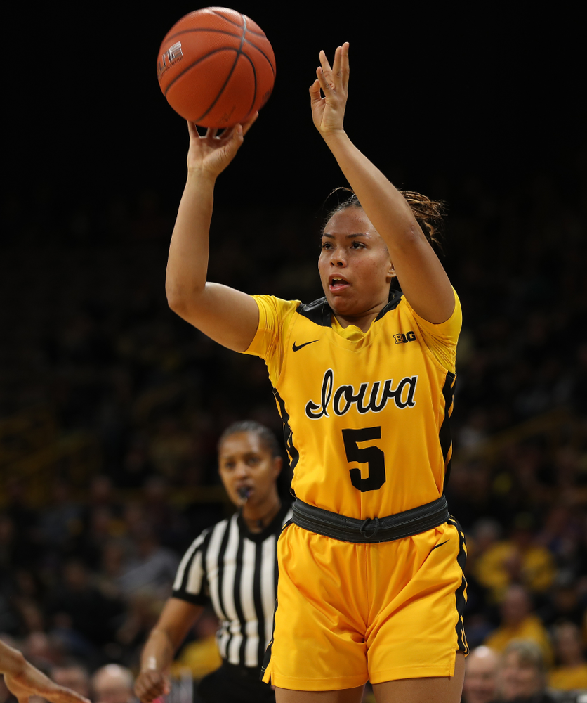 Iowa Hawkeyes guard Alexis Sevillian (5) against the Minnesota Golden Gophers Thursday, February 27, 2020 at Carver-Hawkeye Arena. (Brian Ray/hawkeyesports.com)