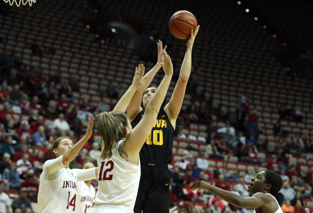 Iowa Hawkeyes forward Megan Gustafson (10) against the Indiana Hoosiers Thursday, February 21, 2019 at Simon Skjodt Assembly Hall. (Brian Ray/hawkeyesports.com)