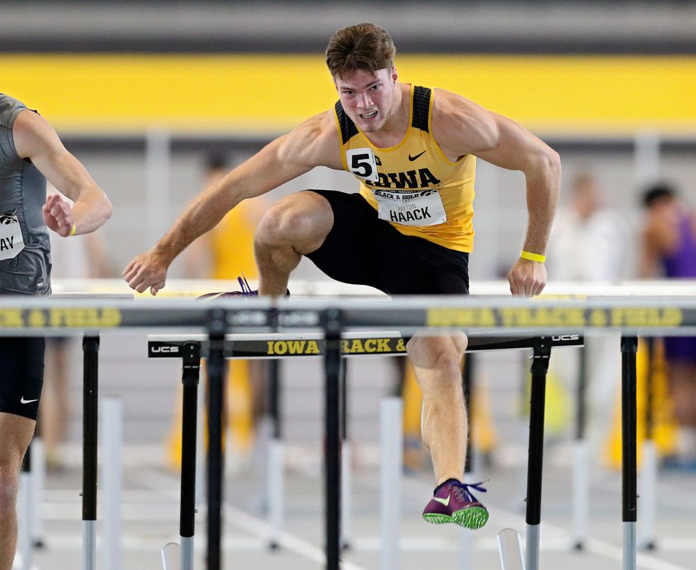 Iowa’s Peyton Haack runs the men’s 60 meter hurdles event at the Black and Gold Invite at the Recreation Building in Iowa City on Saturday, February 1, 2020. (Stephen Mally/hawkeyesports.com)