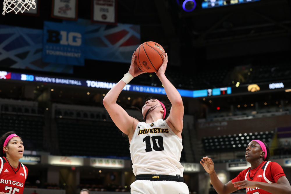 Iowa Hawkeyes forward Megan Gustafson (10) against the Rutgers Scarlet Knights in the semi-finals of the Big Ten Tournament Saturday, March 9, 2019 at Bankers Life Fieldhouse in Indianapolis, Ind. (Brian Ray/hawkeyesports.com)