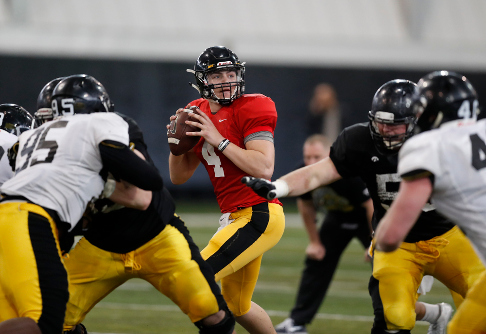 Iowa Hawkeyes quarterback Nathan Stanley (4) during spring practice Thursday, March 29, 2018 at the Hansen Football Performance Center. (Brian Ray/hawkeyesports.com)