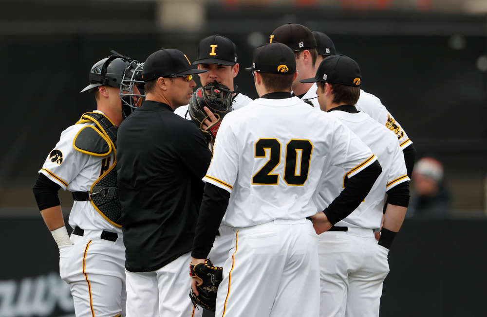Iowa Hawkeyes pitching coach Desi Druschel during a double header against the Indiana Hoosiers Friday, March 23, 2018 at Duane Banks Field. (Brian Ray/hawkeyesports.com)