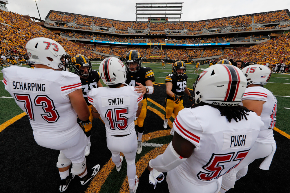 Captains Jake Gervase, Nate Stanley, Brady Ross, Parker Hesse, and Honorary Captain Julian Vandervelde against the Norther Illinois Huskies Saturday, September 1, 2018 . (Brian Ray/hawkeyesports.com)