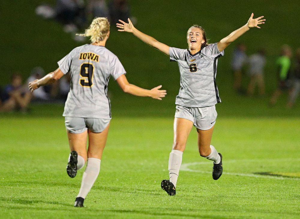 Iowa defender Samantha Cary (9) celebrates with midfielder Isabella Blackman (6) after scoring a goal during the second half of their match at the Iowa Soccer Complex in Iowa City on Friday, Sep 13, 2019. (Stephen Mally/hawkeyesports.com)