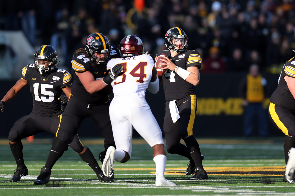 Iowa Hawkeyes quarterback Nate Stanley (4) against the Minnesota Golden Gophers Saturday, November 16, 2019 at Kinnick Stadium. (Brian Ray/hawkeyesports.com)