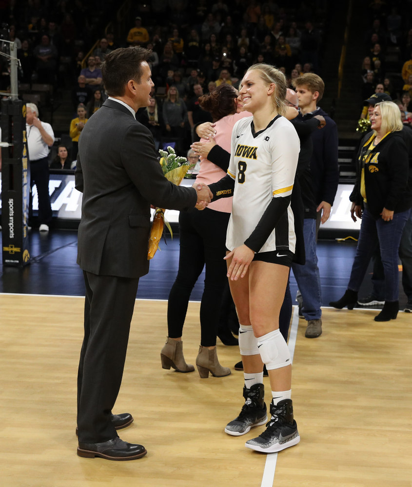 Iowa Hawkeyes right side hitter Reghan Coyle (8) during senior day activities before their game against the Ohio State Buckeyes Saturday, November 24, 2018 at Carver-Hawkeye Arena. (Brian Ray/hawkeyesports.com)