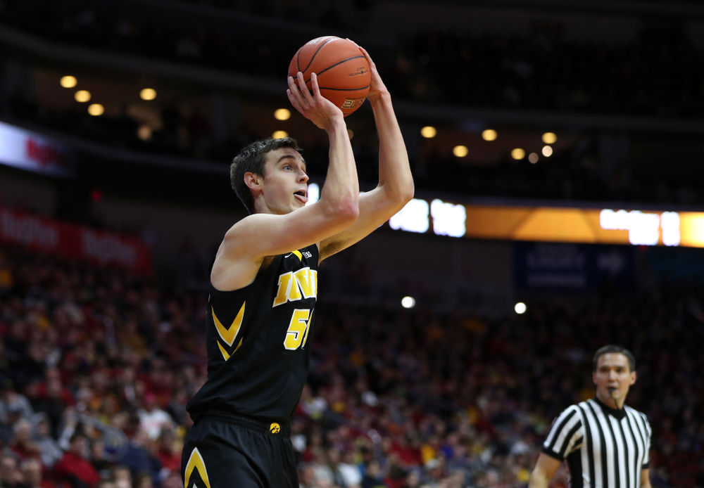 Iowa Hawkeyes forward Nicholas Baer (51) against the Northern Iowa Panthers in the Hy-Vee Classic Saturday, December 15, 2018 at Wells Fargo Arena in Des Moines. (Brian Ray/hawkeyesports.com)