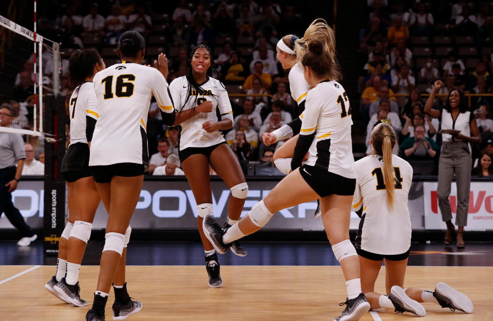 Iowa Hawkeyes middle blocker Amiya Jones (9) against the Michigan State Spartans Friday, September 21, 2018 at Carver-Hawkeye Arena. (Brian Ray/hawkeyesports.com)