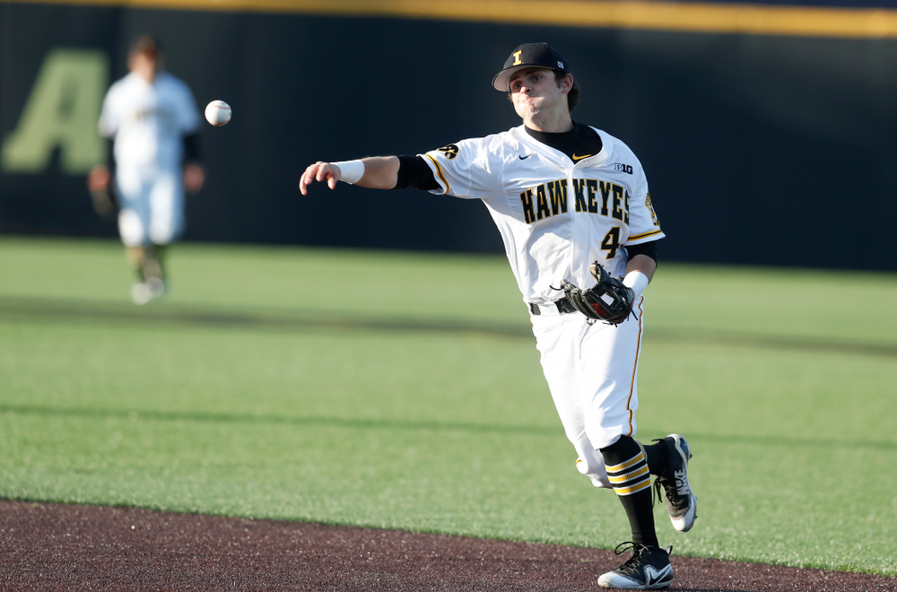 Iowa Hawkeyes infielder Mitchell Boe (4) against Northern Illinois Tuesday, April 17, 2018 at Duane Banks Field. (Brian Ray/hawkeyesports.com)
