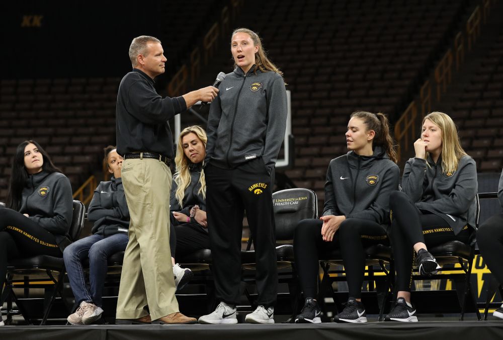 Iowa WomenÕs Basketball radio announcer Rob Books and forward Amanda Ollinger (43) during the teamÕs Celebr-Eight event Wednesday, April 24, 2019 at Carver-Hawkeye Arena. (Brian Ray/hawkeyesports.com)