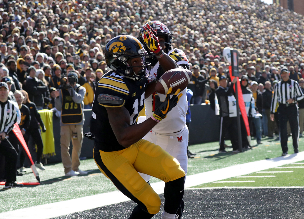 Iowa Hawkeyes wide receiver Brandon Smith (12) pulls down a one handed touchdown grab against the Maryland Terrapins Saturday, October 20, 2018 at Kinnick Stadium (Max Allen/hawkeyesports.com)