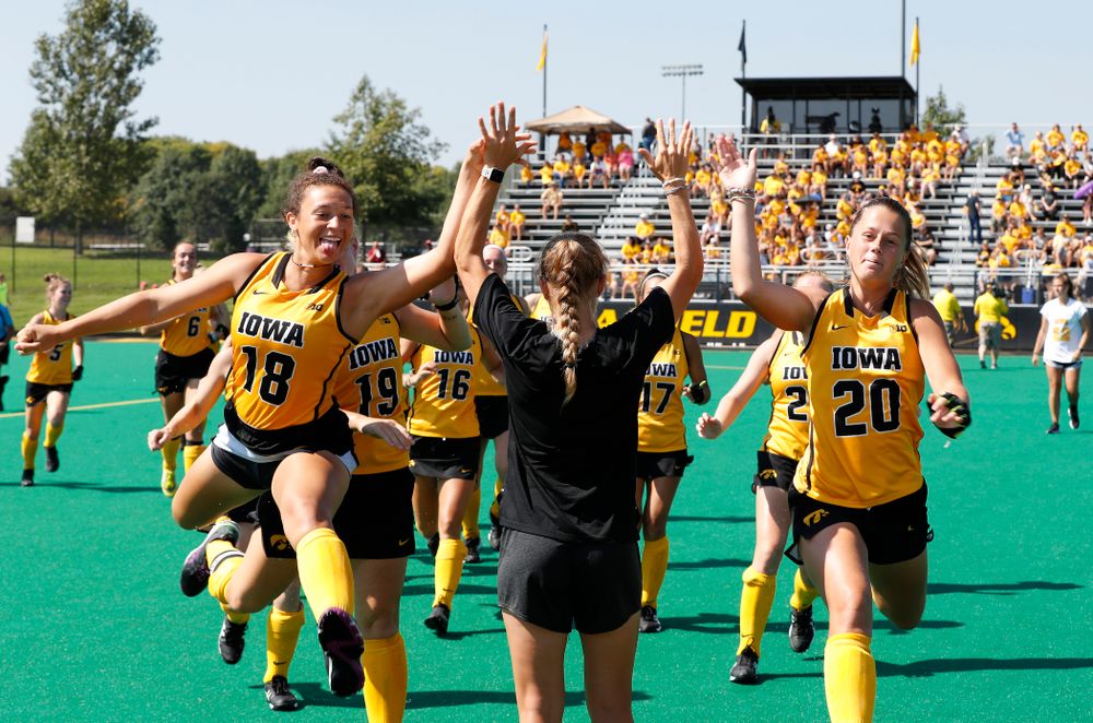 Iowa Hawkeyes Mya Christopher (18) and Sophie Sunderland (20) before their game against Indiana Sunday, September 16, 2018 at Grant Field. (Brian Ray/hawkeyesports.com)