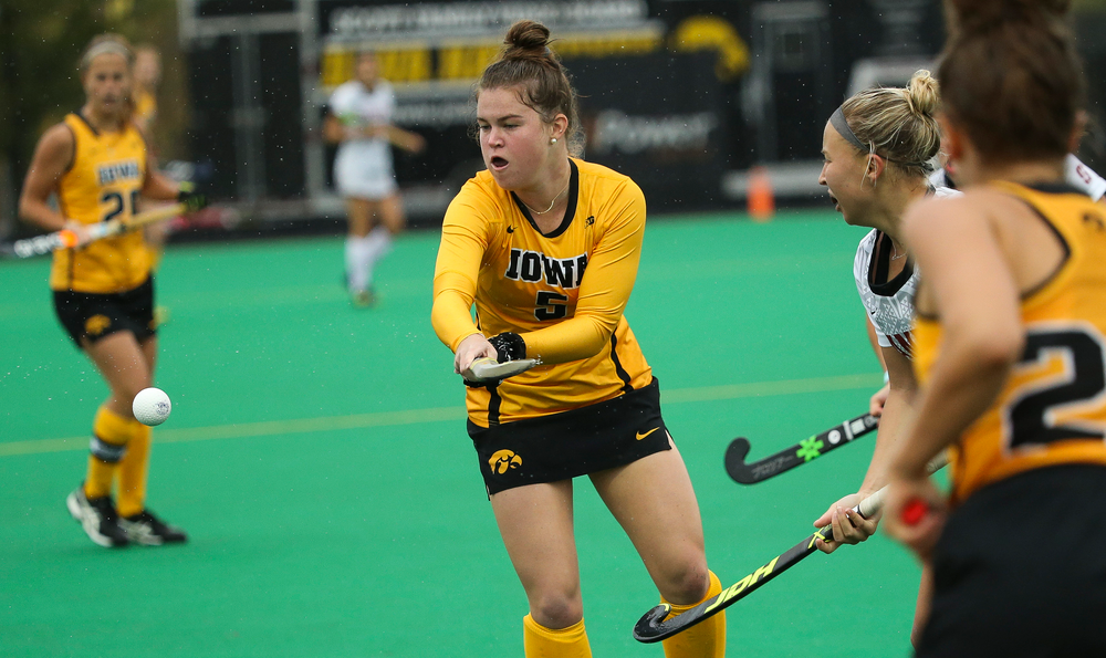 Iowa Hawkeyes midfielder Meghan Conroy (5) tries to corral a pass during a game against Stanford at Grant Field on October 7, 2018. (Tork Mason/hawkeyesports.com)