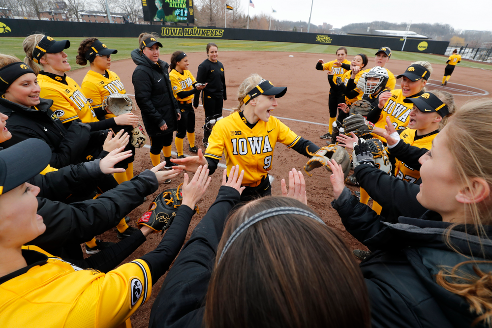Iowa Hawkeyes infielder Sarah Kurtz (9) against UW Green Bay Tuesday, March 27, 2018 at Bob Pearl Field. (Brian Ray/hawkeyesports.com)