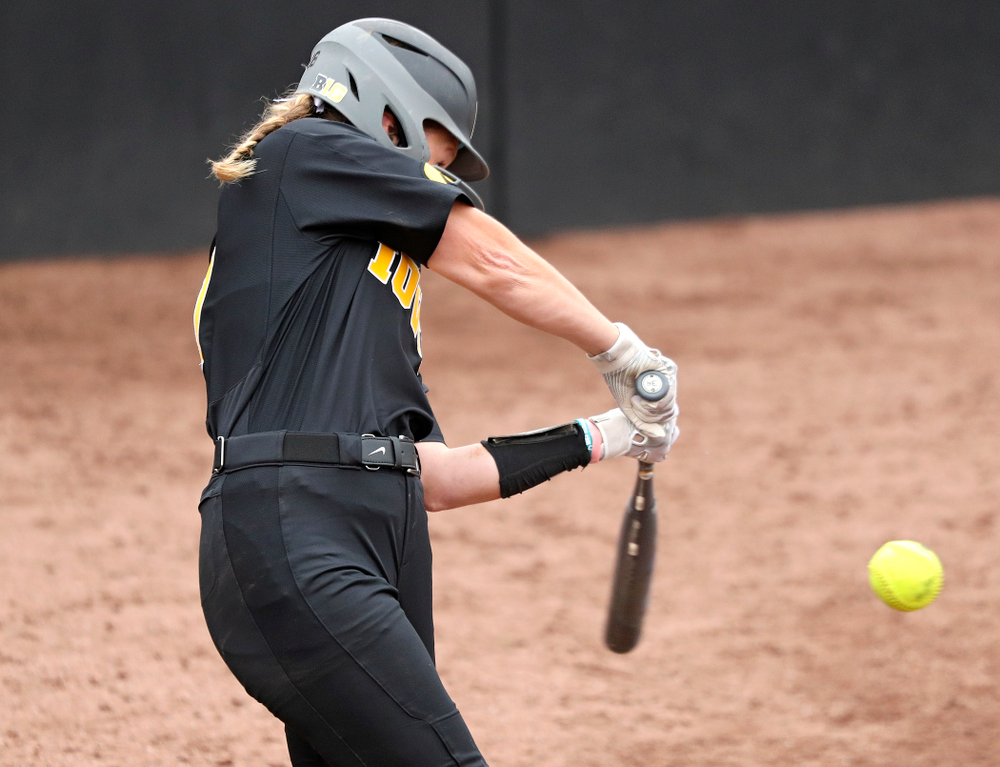 Iowa’s Kit Rocco (17) drives in a run with a hit during the sixth inning of their game against Iowa Softball vs Indian Hills Community College at Pearl Field in Iowa City on Sunday, Oct 6, 2019. (Stephen Mally/hawkeyesports.com)