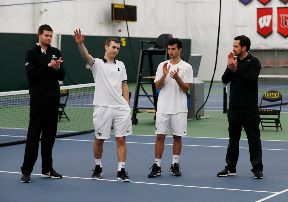 Jake Jacoby and Josh Silverstein during senior day activities following their match against Purdue Sunday, April 15, 2018 at the Hawkeye Ten