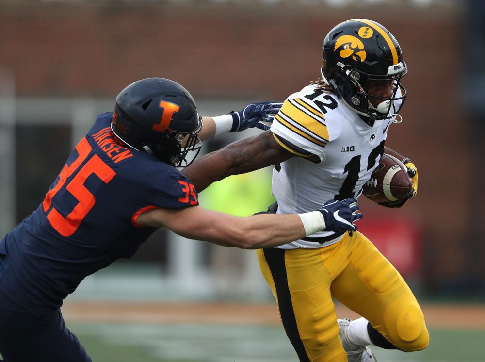 Iowa Hawkeyes wide receiver Brandon Smith (12) against the Illinois Fighting Illini Saturday, November 17, 2018 at Memorial Stadium in Champaign, Ill. (Brian Ray/hawkeyesports.com)