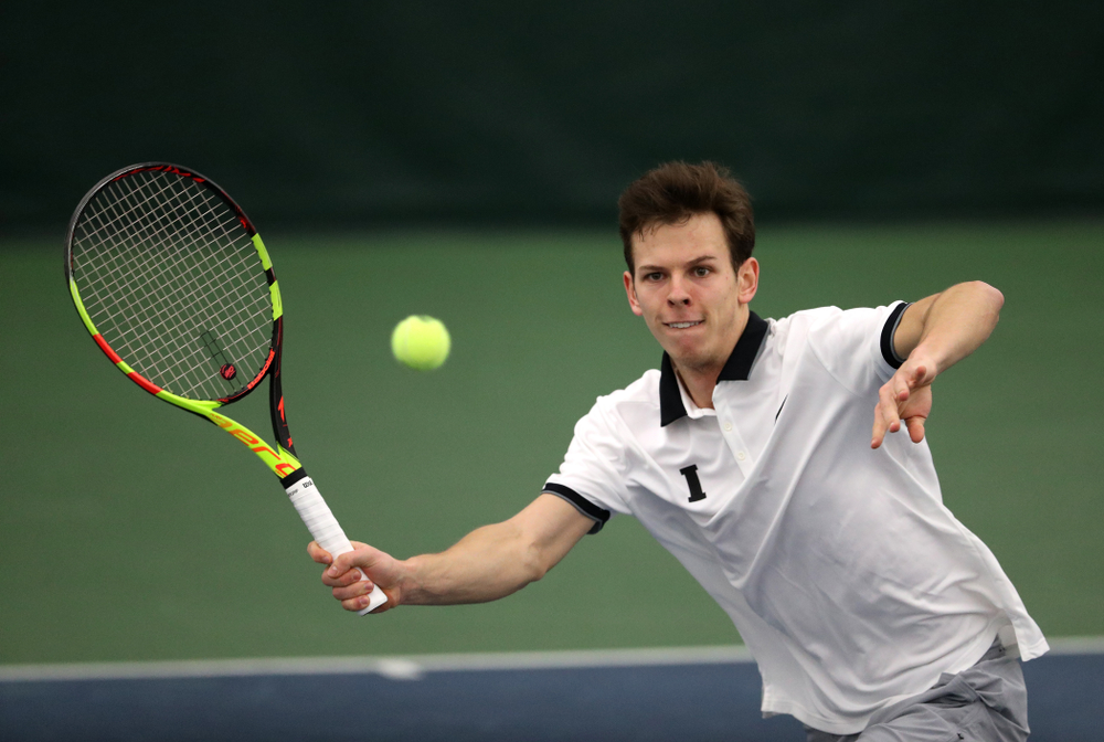 Iowa's Piotr Smietana against Western Michigan Saturday, January 19, 2019 at the Hawkeye Tennis and Recreation Complex. (Brian Ray/hawkeyesports.com)