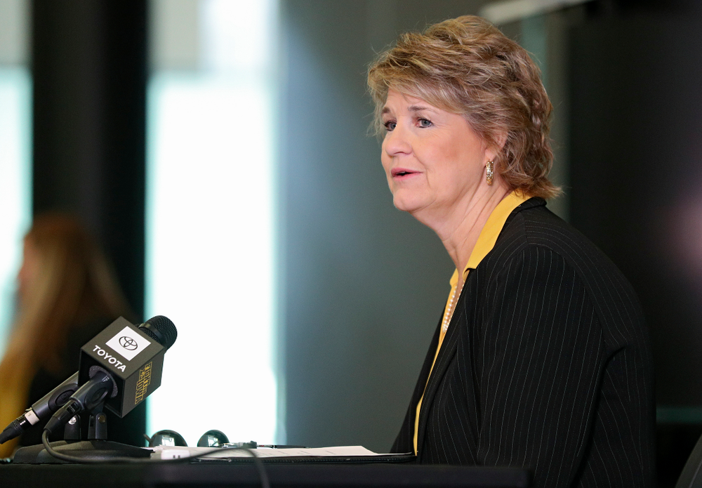 Iowa head coach Lisa Bluder answers questions during Iowa Women’s Basketball Media Day at Carver-Hawkeye Arena in Iowa City on Thursday, Oct 24, 2019. (Stephen Mally/hawkeyesports.com)