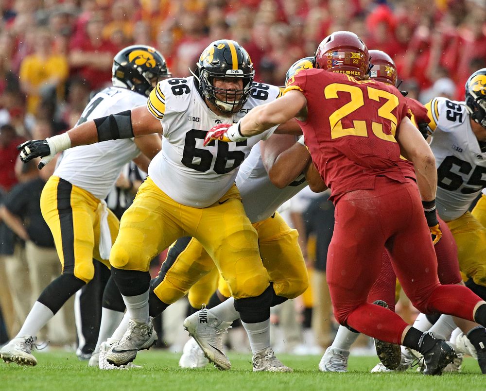 Iowa Hawkeyes offensive lineman Levi Paulsen (66) looks to block during the first quarter of their Iowa Corn Cy-Hawk Series game at Jack Trice Stadium in Ames on Saturday, Sep 14, 2019. (Stephen Mally/hawkeyesports.com)