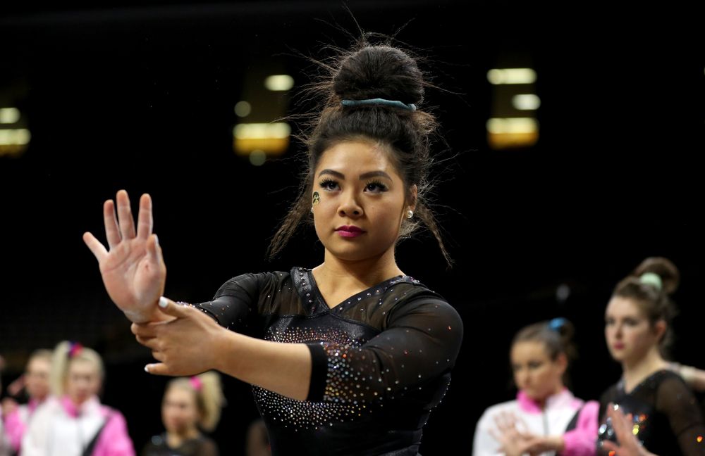 Iowa’s Claire Kaji competes on the floor against Michigan Friday, February 14, 2020 at Carver-Hawkeye Arena. (Brian Ray/hawkeyesports.com)