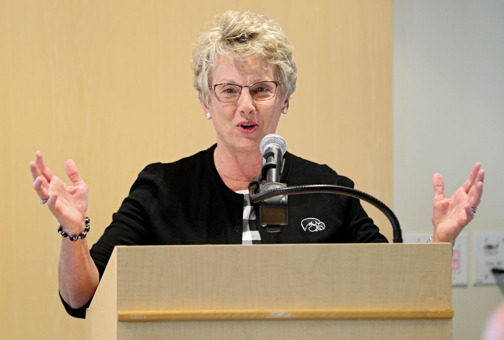 Barbara Burke, Deputy Athletic Director, speaks during the press conference to discuss FryFEST and announce the 2019 Iowa Athletics Hall of Fame members in the Varsity Club Room at the University of Iowa Athletics Hall of Fame in Iowa City on Tuesday, Jun 11, 2019. (Stephen Mally/hawkeyesports.com)