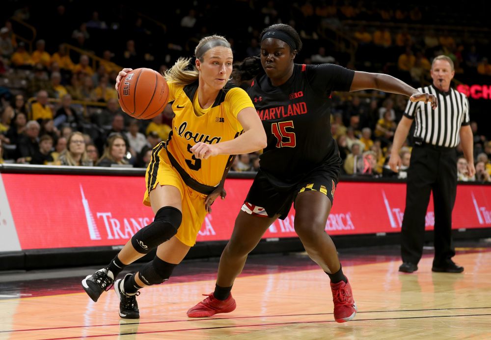 Iowa Hawkeyes guard Makenzie Meyer (3) against the Maryland Terrapins Thursday, January 9, 2020 at Carver-Hawkeye Arena. (Brian Ray/hawkeyesports.com)