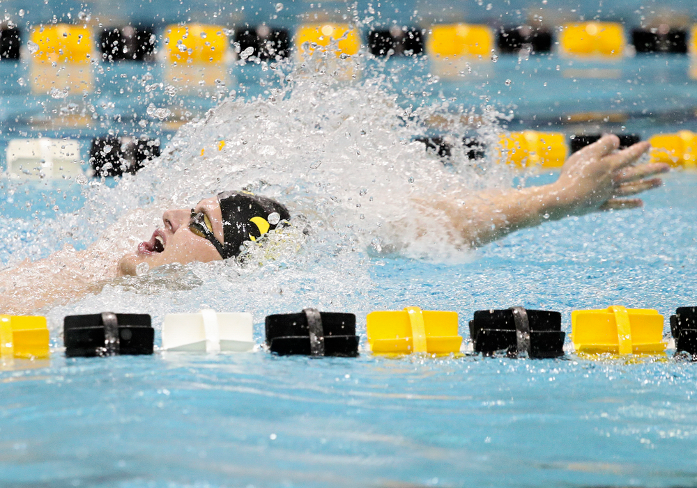 Iowa’s Will Myhre swims the backstroke section of the 100-yard individual medley event during their meet against Michigan State at the Campus Recreation and Wellness Center in Iowa City on Thursday, Oct 3, 2019. (Stephen Mally/hawkeyesports.com)