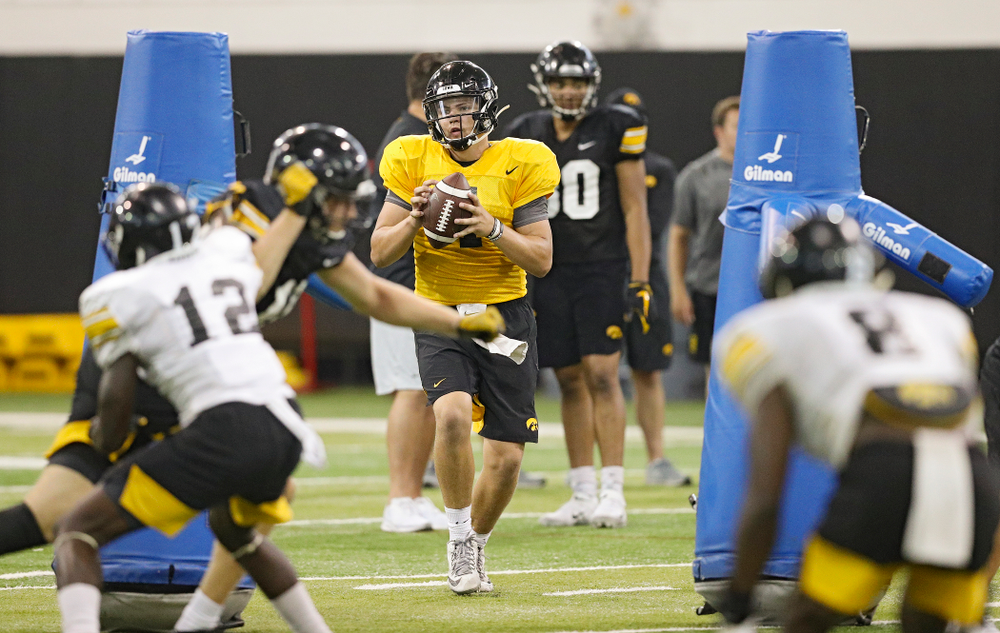 Iowa Hawkeyes quarterback Nate Stanley (4) looks to throw during Fall Camp Practice No. 9 at the Hansen Football Performance Center in Iowa City on Monday, Aug 12, 2019. (Stephen Mally/hawkeyesports.com)