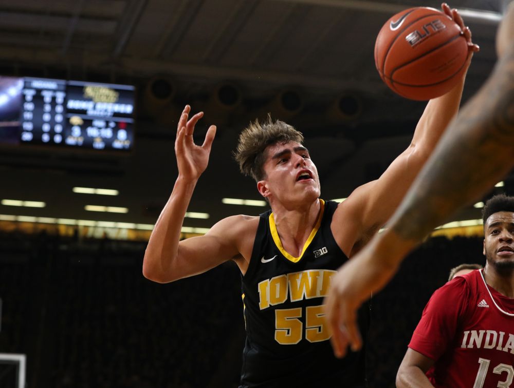 Iowa Hawkeyes forward Luka Garza (55) against the Indiana Hoosiers Friday, February 22, 2019 at Carver-Hawkeye Arena. (Brian Ray/hawkeyesports.com)