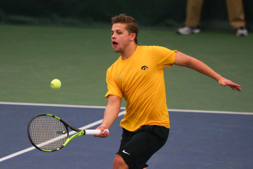 Iowa's Jonas Larsen at a tennis match vs Drake Friday, March 8, 2019 at the Hawkeye Tennis and Recreation Complex. (Lily Smith/hawkeyesports.com)
