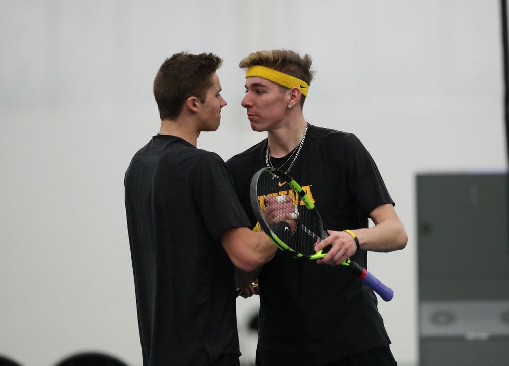 Iowa's Nikita Snezhko and Joe Tyler play a doubles match against UMKC Friday, February 15, 2019 at the Hawkeye Tennis and Recreation Complex. (Brian Ray/hawkeyesports.com)