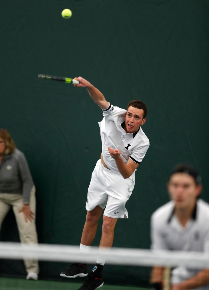 Jonas Larsen and Kareem Allaf play a doubles match against Purdue Sunday, April 15, 2018 at the Hawkeye Tennis and Recreation Center. (Brian Ray/hawkeyesports.com)