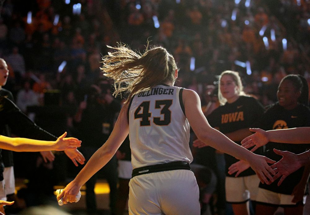 Iowa Hawkeyes forward Amanda Ollinger (43) is introduced before the game at Carver-Hawkeye Arena in Iowa City on Thursday, February 6, 2020. (Stephen Mally/hawkeyesports.com)