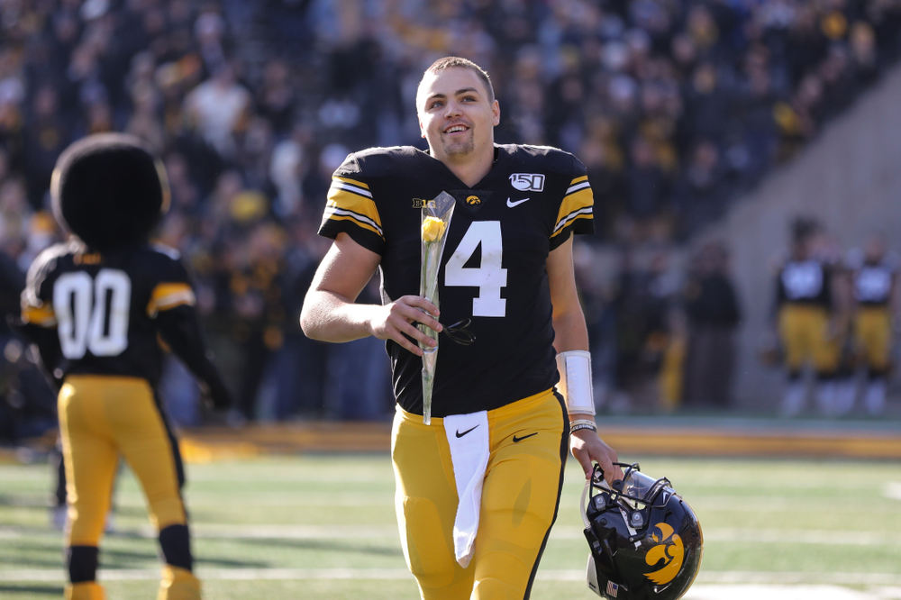 Iowa Hawkeyes quarterback Nate Stanley (4) during Senior Day festivities before their game against the Illinois Fighting Illini Saturday, November 23, 2019 at Kinnick Stadium. (Brian Ray/hawkeyesports.com)