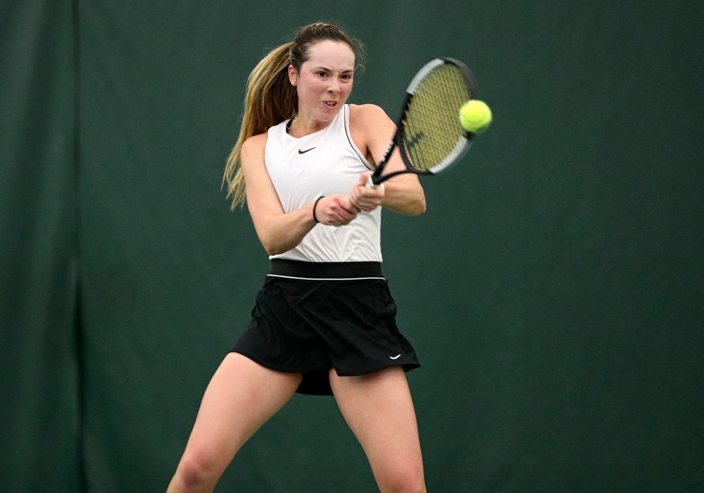Iowa’s Samantha Mannix during her singles match at the Hawkeye Tennis and Recreation Complex in Iowa City on Sunday, February 16, 2020. (Stephen Mally/hawkeyesports.com)