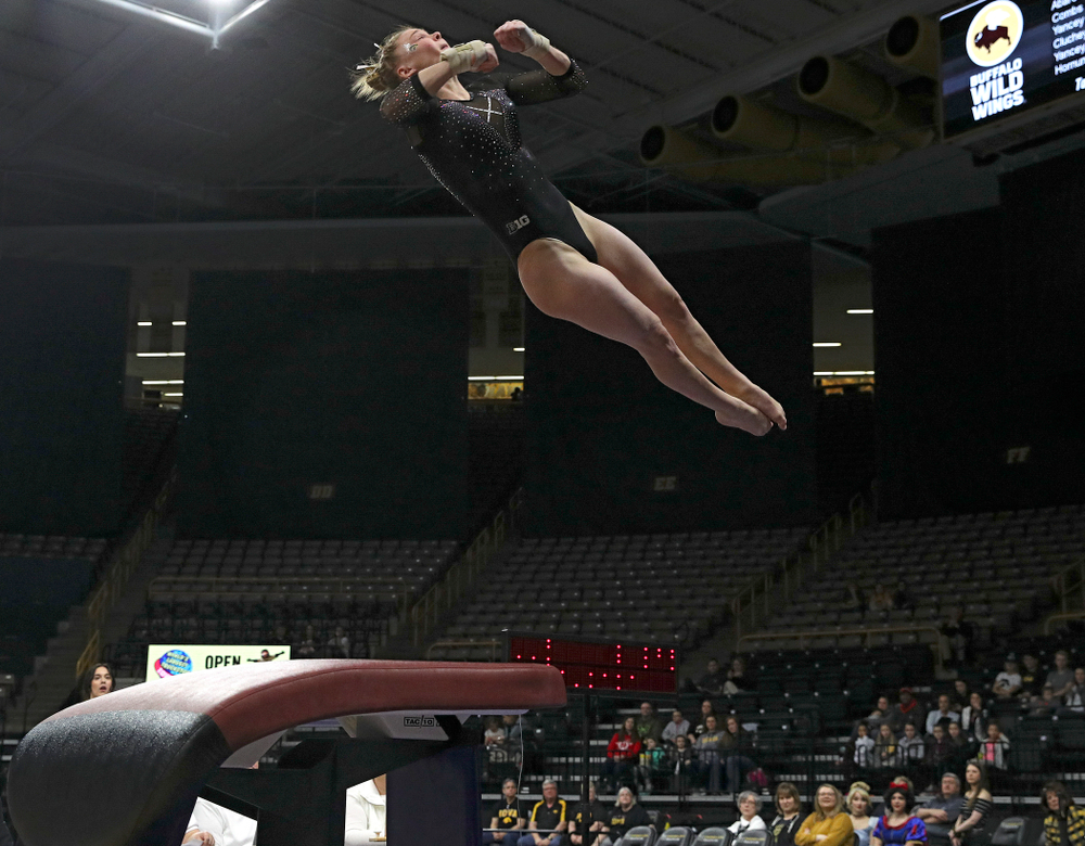 Iowa’s Allyson Steffensmeier competes on the vault during their meet at Carver-Hawkeye Arena in Iowa City on Sunday, March 8, 2020. (Stephen Mally/hawkeyesports.com)