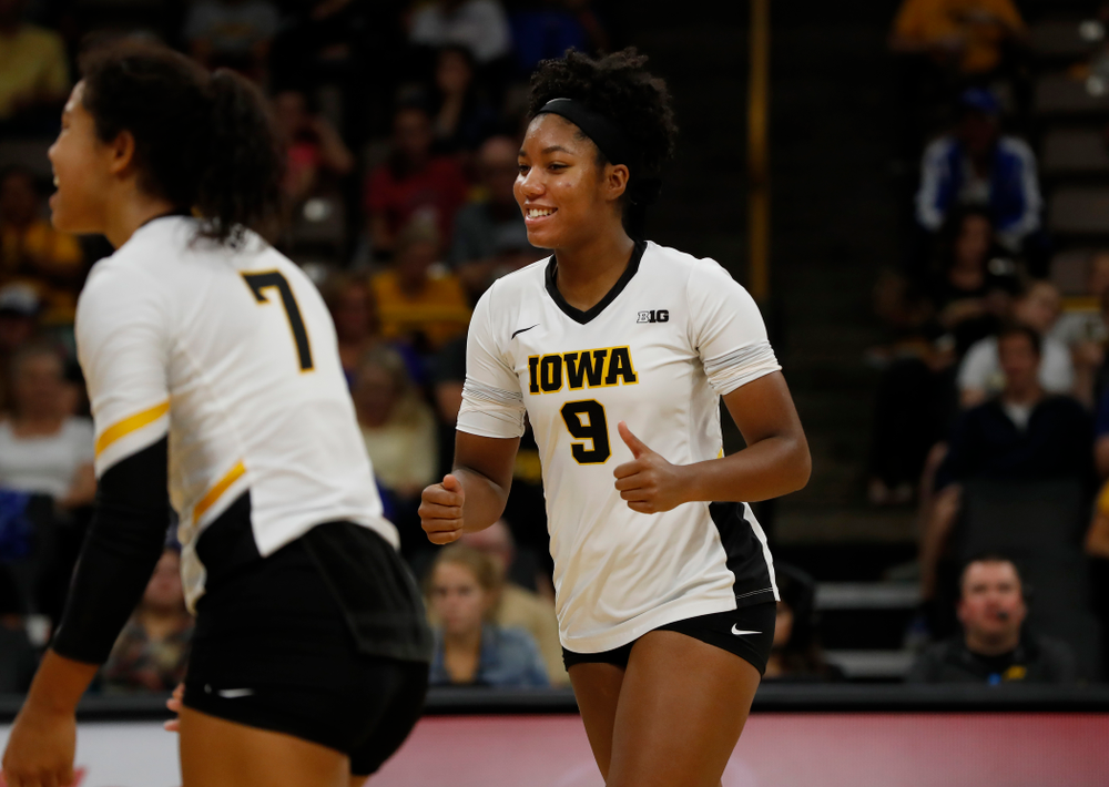 Iowa Hawkeyes middle blocker Amiya Jones (9) against Eastern Illinois Sunday, September 9, 2018 at Carver-Hawkeye Arena. (Brian Ray/hawkeyesports.com)