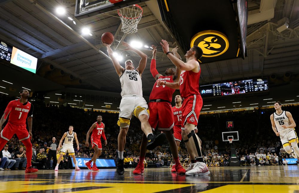 Iowa Hawkeyes forward Luka Garza (55) against the Ohio State Buckeyes Thursday, February 20, 2020 at Carver-Hawkeye Arena. (Brian Ray/hawkeyesports.com)