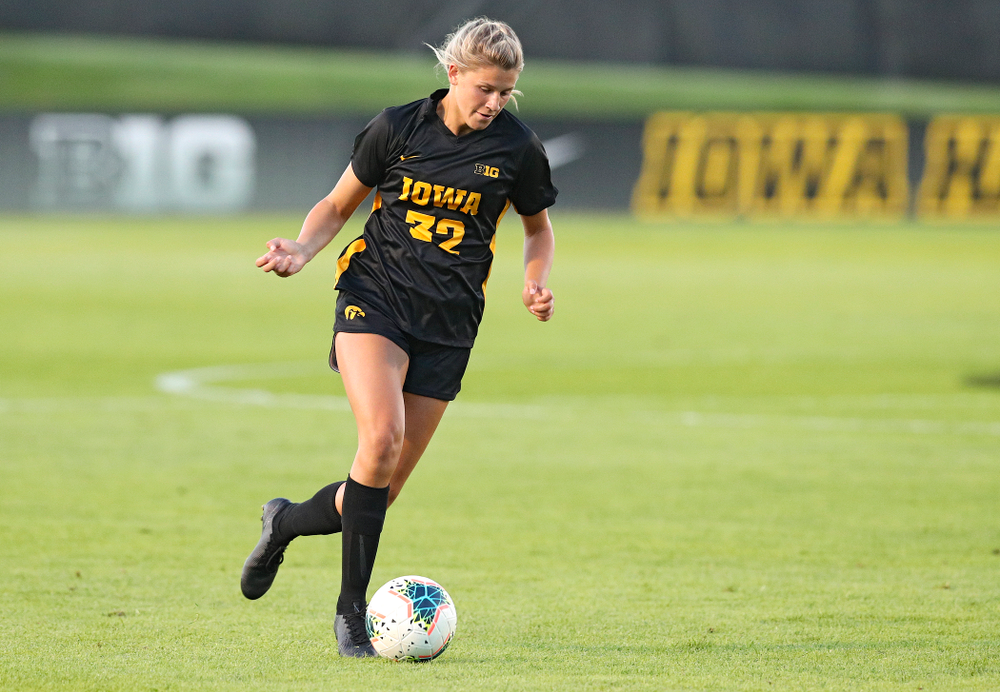 Iowa forward Gianna Gourley (32) moves with the ball during the first half of their match against Western Michigan at the Iowa Soccer Complex in Iowa City on Thursday, Aug 22, 2019. (Stephen Mally/hawkeyesports.com)