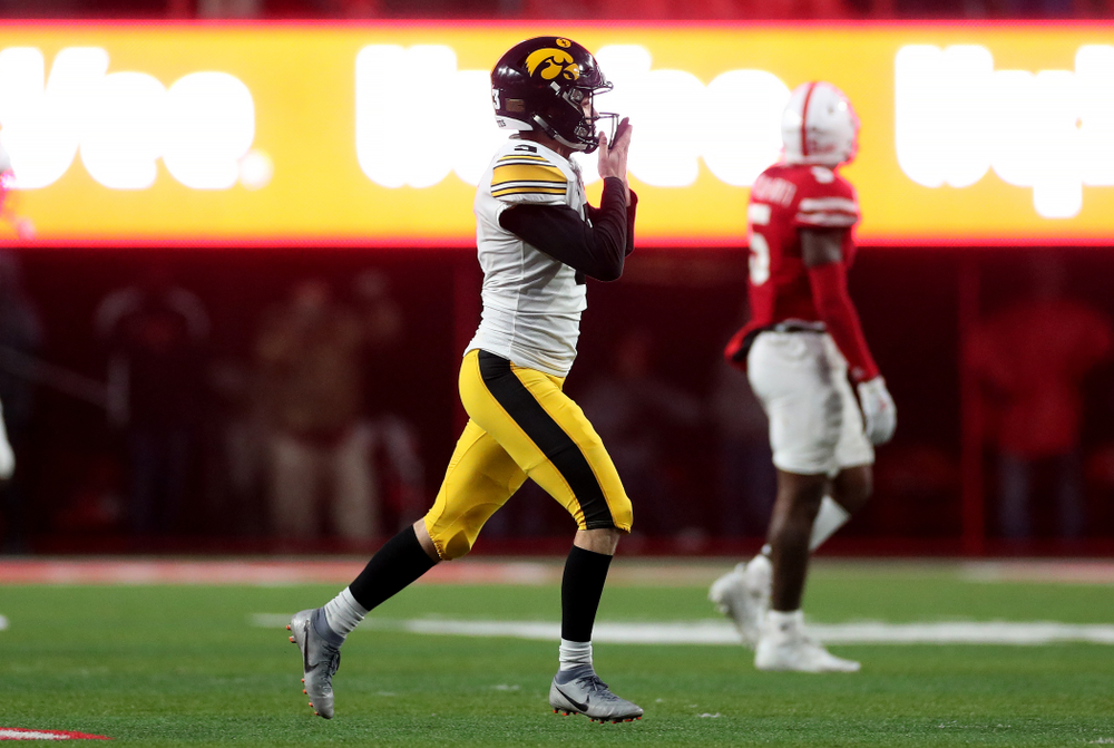 Iowa Hawkeyes place kicker Keith Duncan (3) celebrates after kicking the game winning field goal against the Nebraska Cornhuskers Friday, November 29, 2019 at Memorial Stadium in Lincoln, Neb. (Brian Ray/hawkeyesports.com)