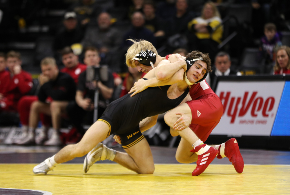 Iowa's Austin DeSanto wrestles Indiana's Paul Konrath at 133 pounds Friday, February 15, 2019 at Carver-Hawkeye Arena. (Brian Ray/hawkeyesports.com)