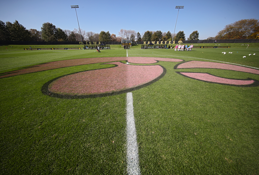 A pink Tigerhawk is painted on the field for the Pink Game match at the Iowa Soccer Complex in Iowa City on Sunday, Oct 27, 2019. (Stephen Mally/hawkeyesports.com)