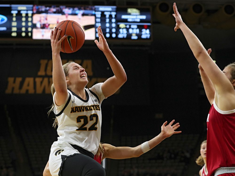 Iowa Hawkeyes guard Kathleen Doyle (22) scores during the second quarter of their game at Carver-Hawkeye Arena in Iowa City on Sunday, January 12, 2020. (Stephen Mally/hawkeyesports.com)