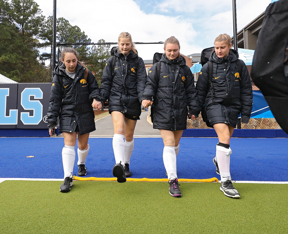 Iowa’s Amy Gaiero (1), Sofie Stribos (9), Ellie Flynn (22), and Esme Gibson (15) before their NCAA Tournament Second Round match against North Carolina at Karen Shelton Stadium in Chapel Hill, N.C. on Sunday, Nov 17, 2019. (Stephen Mally/hawkeyesports.com)