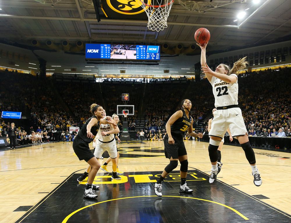 Iowa Hawkeyes guard Kathleen Doyle (22) makes a basket during the second quarter of their second round game in the 2019 NCAA Women's Basketball Tournament at Carver Hawkeye Arena in Iowa City on Sunday, Mar. 24, 2019. (Stephen Mally for hawkeyesports.com)
