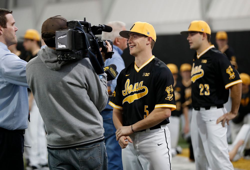 Iowa Hawkeyes catcher Tyler Cropley (5) answers questions from reporters during the team's annual media day Thursday, February 8, 2018 in the indoor practice facility. (Brian Ray/hawkeyesports.com)