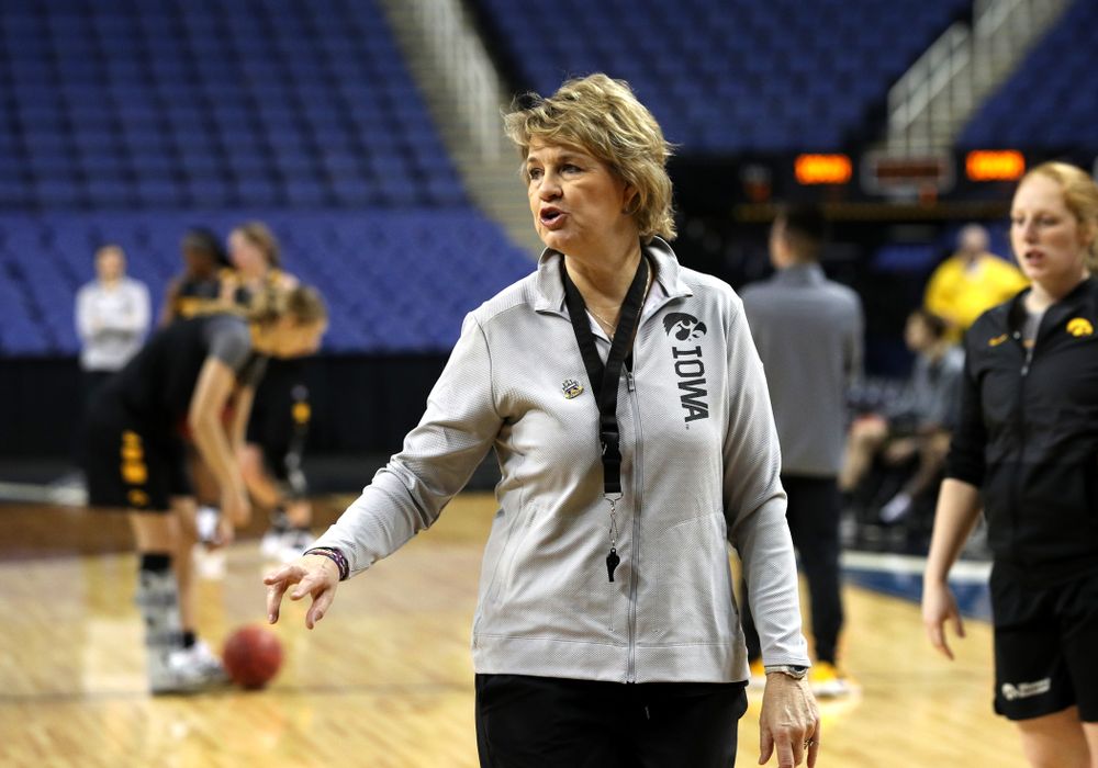 Iowa Hawkeyes head coach Lisa Bluder during media and practice as they prepare for their Sweet 16 matchup against NC State Friday, March 29, 2019 at the Greensboro Coliseum in Greensboro, NC.(Brian Ray/hawkeyesports.com)