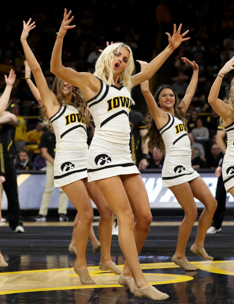 The Iowa Cheerleaders and Dance Team perform on senior night at half-time of the Iowa Hawkeyes game against the Purdue Boilermakers Tuesday, March 3, 2020 at Carver-Hawkeye Arena. (Brian Ray/hawkeyesports.com)